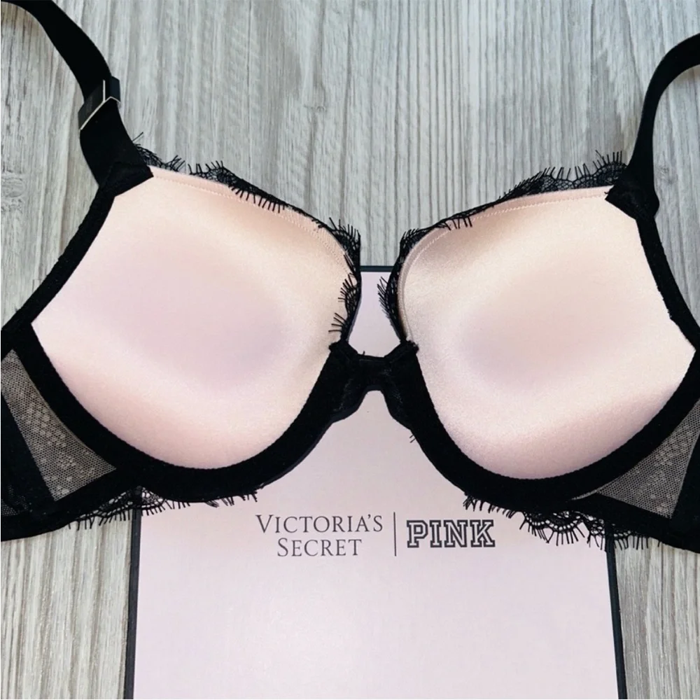 💎VS Very Sexy Black Lace Bling Push Up Bra With Matching Garter Belt Set NWT✨